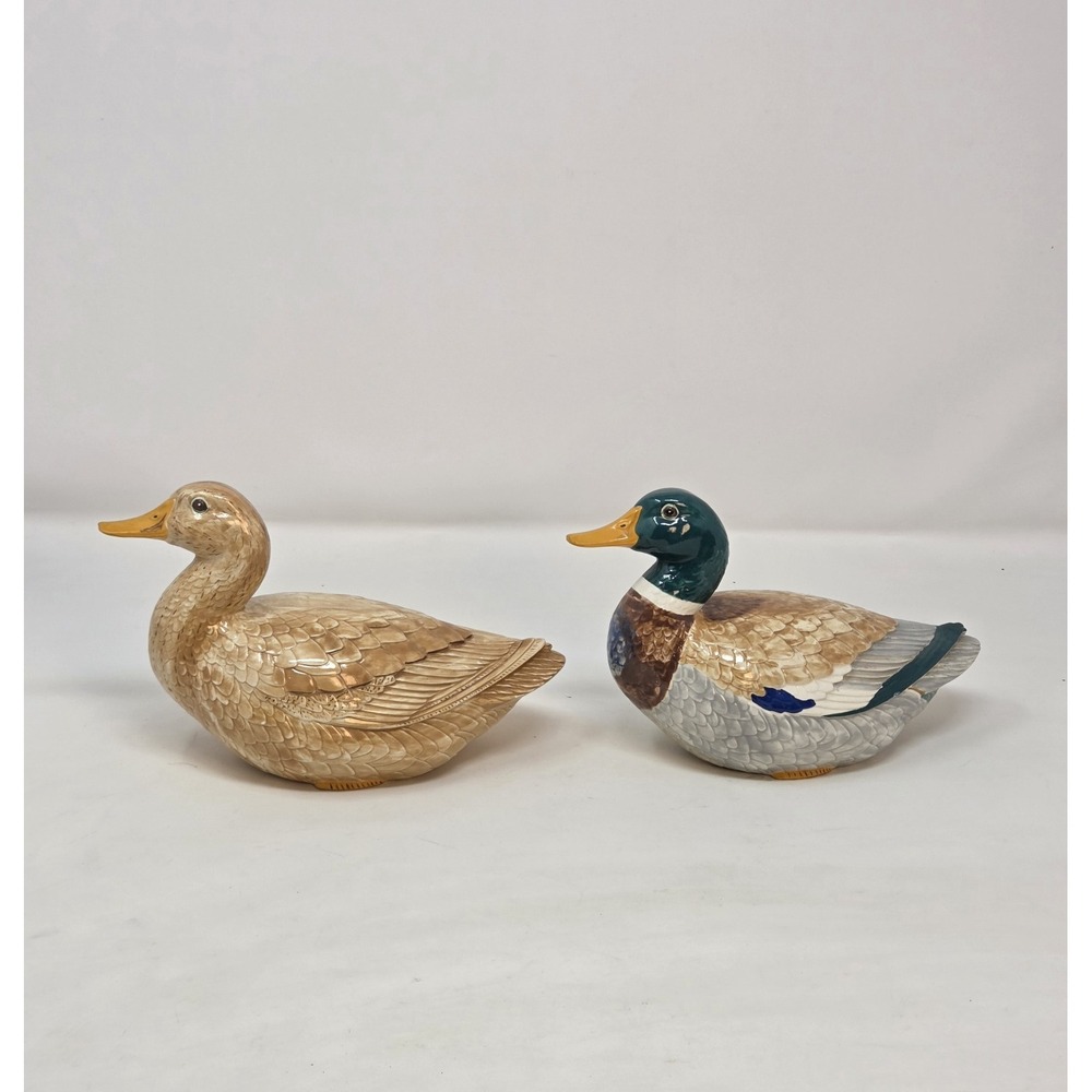 Vintage 1959 Hand Painted Glazed Ceramic Mallard Duck Figurines Pair MCM Decor - Picture 3 of 12